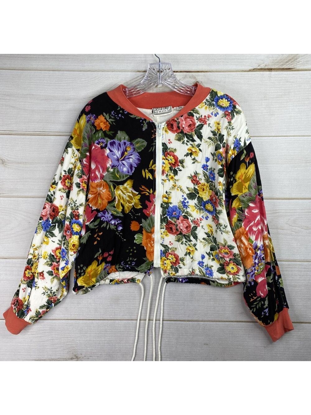 Speed Limit MPH Womens Jacket Sz S Floral Boho Cropped Bomber Drawstrings Vtg 80